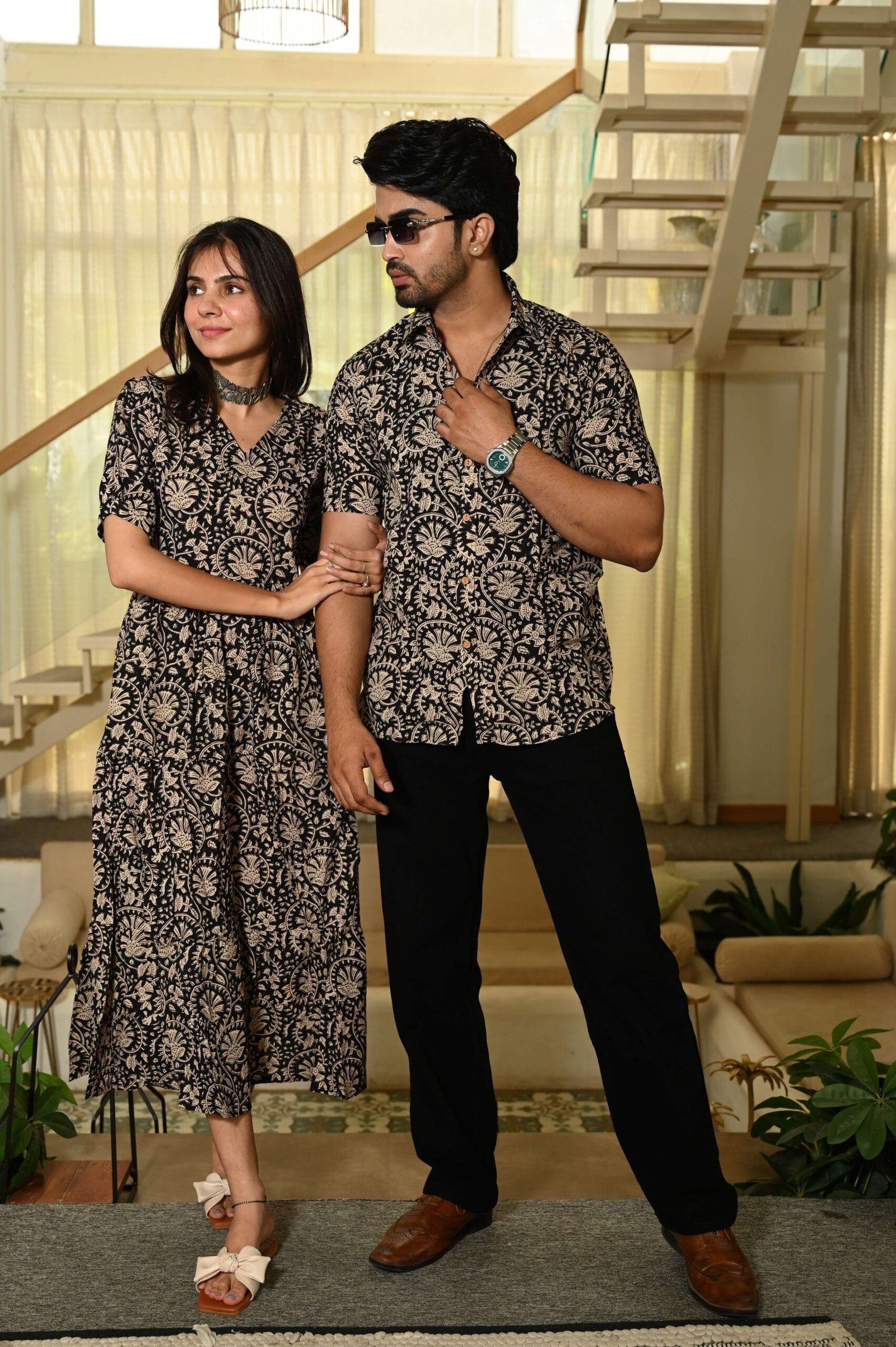 Couple Matching Red Printed Cotton Anarkali Midi Dress & Shirt Set ? Summer Casual Wear - Image 3