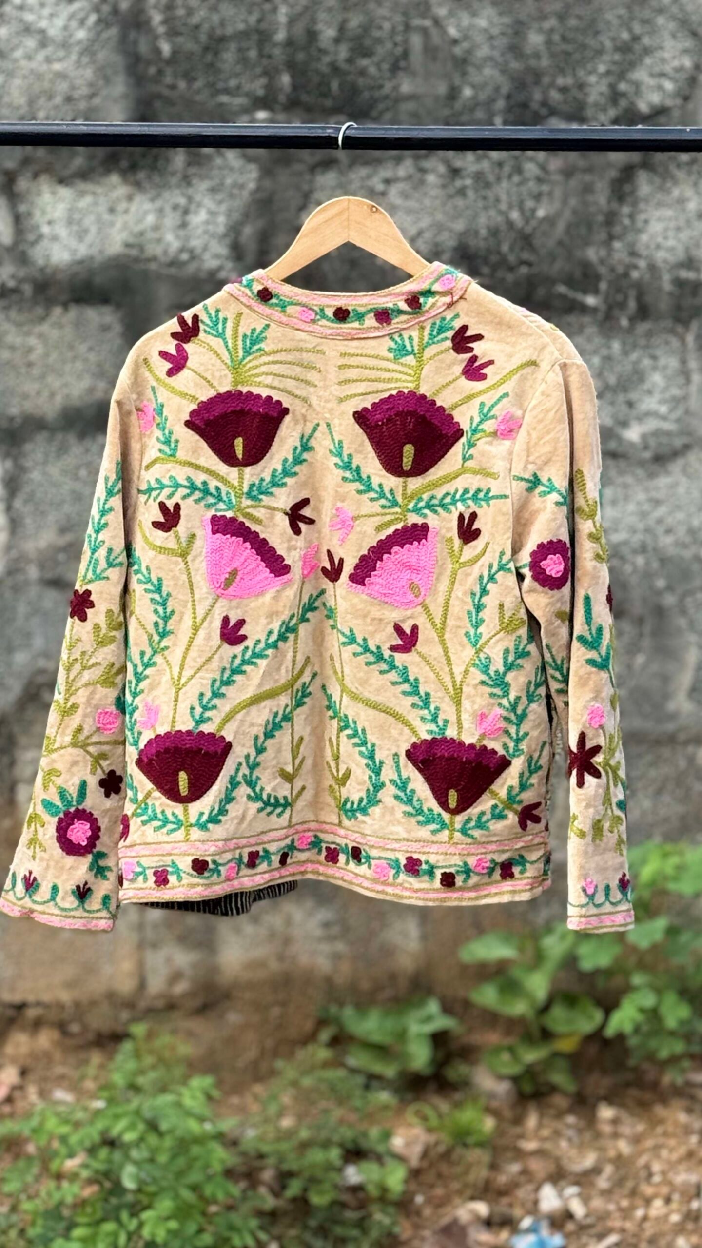 Womens Light Beige Velvet Embroidered Jacket with Floral Design - Image 3