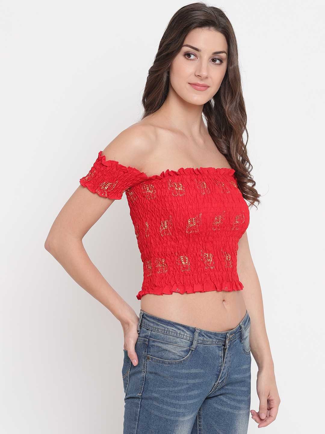 Women's Rayon Printed Off-Shoulder Smocked Crop Top Short Sleeve Casual Styles Tank Top (FREE SIZE) Multi11